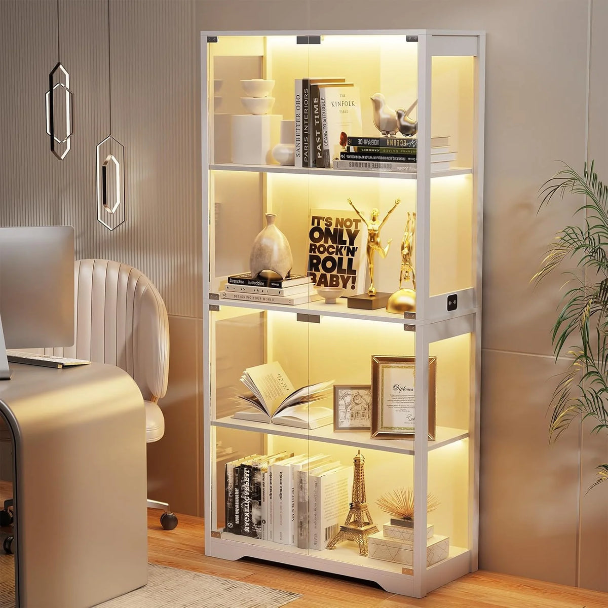 Glass Door Curio Display Cabinet, 4-Tier, Black, 3 Color Lights - GCC