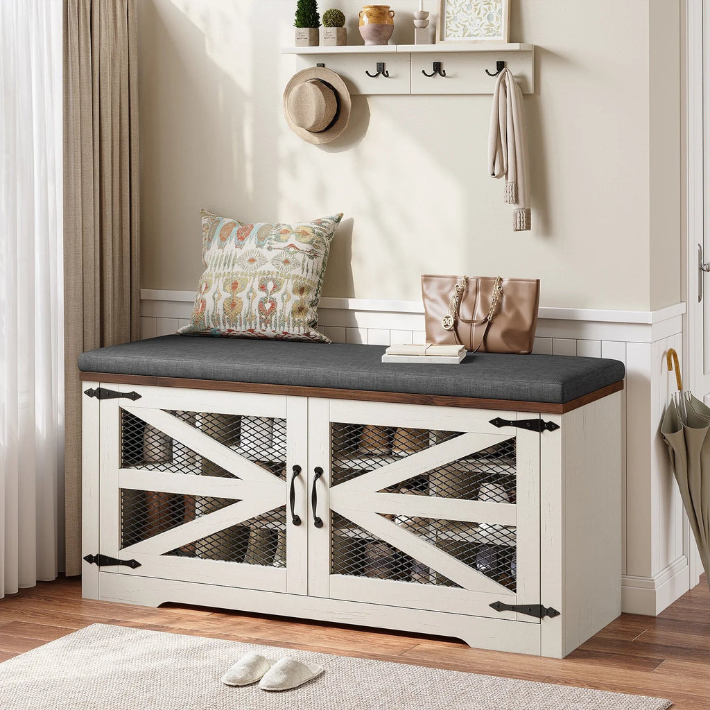 Farmhouse Shoe Storage Bench With Cushion, 31.4in, Metal Barn Door, Old White