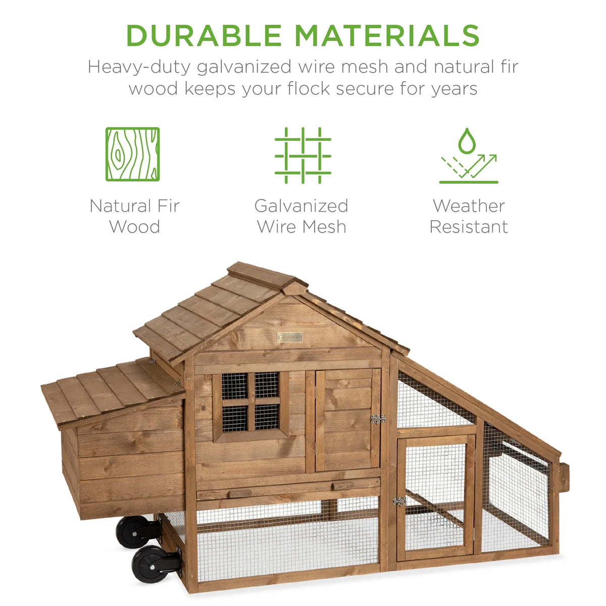 Best Choice Products Mobile Fir Wood Chicken Coop Tractor, 70in, Wheels, 2 Doors, Nest Box, Removable Tray