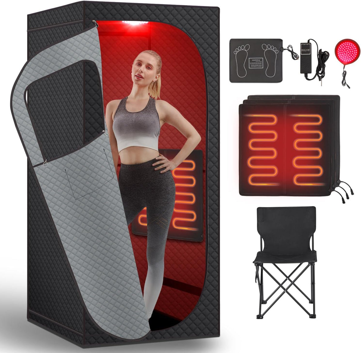 Portable Far Infrared Dry Sauna Box With Red Light Therapy, 9 Levels, 5.9ft x 2.9ft x 2.6ft