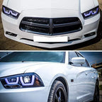 DRL LED Light Bar Projector Headlights, 1 Pair, Gloss Black Housing, Smoke Lens - 2011-2014 Dodge Charger
