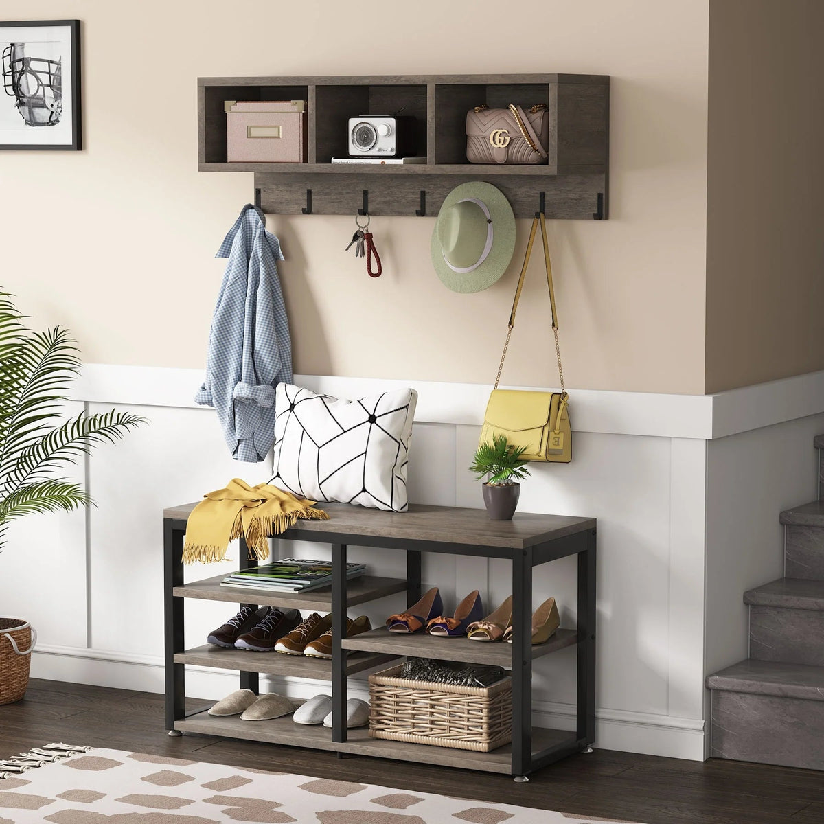 5-in-1 Entryway Hall Tree With Coat Rack, Shoe Bench, 7 Hooks, 3 Cubbies And 3-Tier Shoe Rack