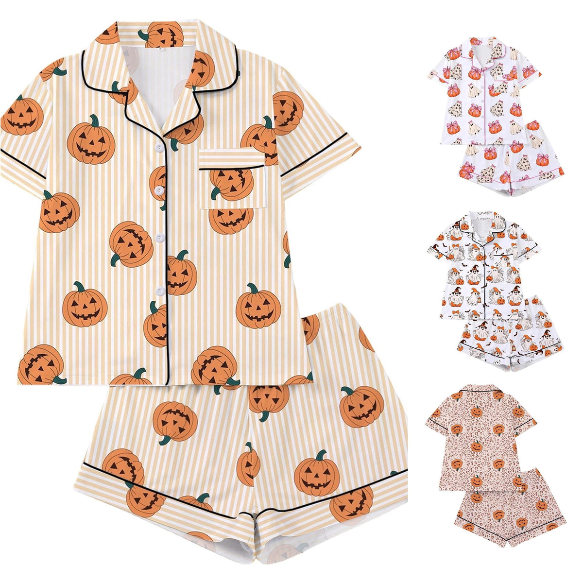 CUZIBR Girls Halloween Pajamas Sets Soft Comfortable Ghost Pumpkin Lapel Button Short Sleeve Shirt Elastic Waist Shorts 2 Pieces Sleep Loungewear Relaxed Sleepwear Outfits, Orange-C