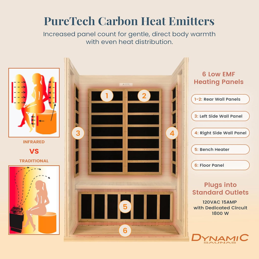 DYNAMIC SAUNAS 2-Person Low EMF Far Infrared Sauna With Red Light Therapy And Bluetooth Speakers, Canadian Hemlock - Andora