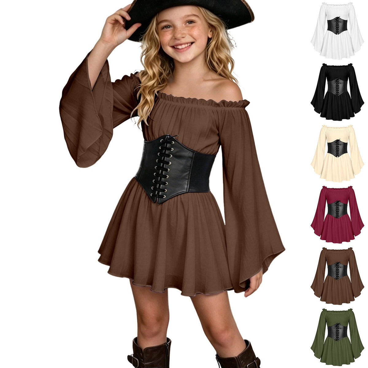 Kids Off the Shoulder Pirate Dresses with Sash Two Piece Set Pirate Costume Halloween Cosplay Halloween Costume Kids Size 4-14 Years