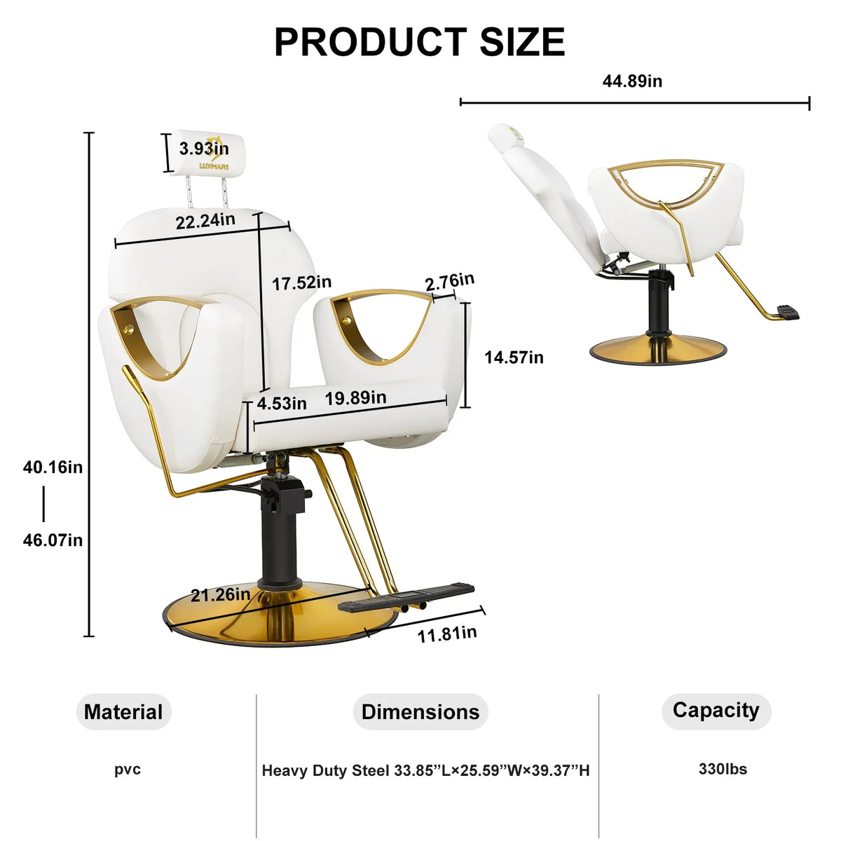 LUXMARS Reclining Hydraulic Barber Chair, White, 40 Inches To 46 Inches