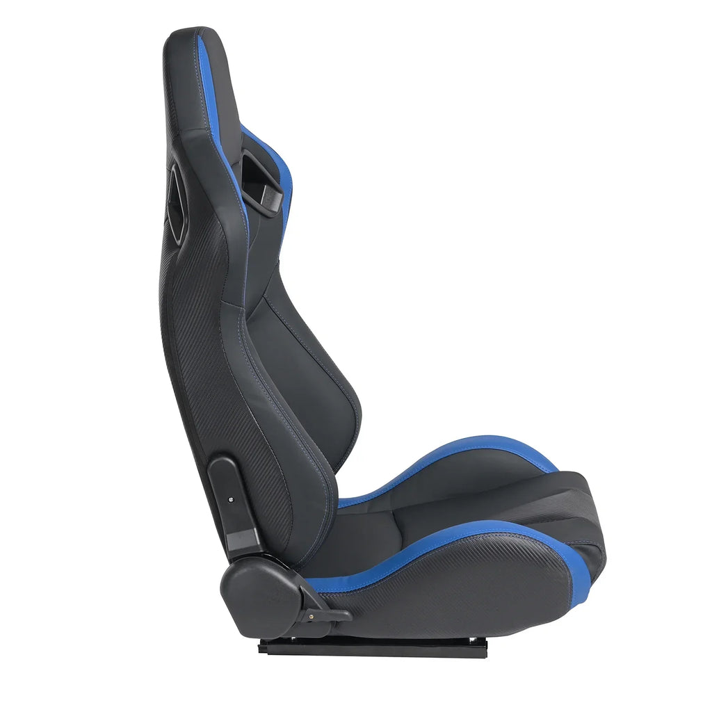 Universal Racing Bucket Seats, Pair With Dual Lock Sliders, Black With Blue PVC Leather, 36.6 x 21.6 x 21.6 in