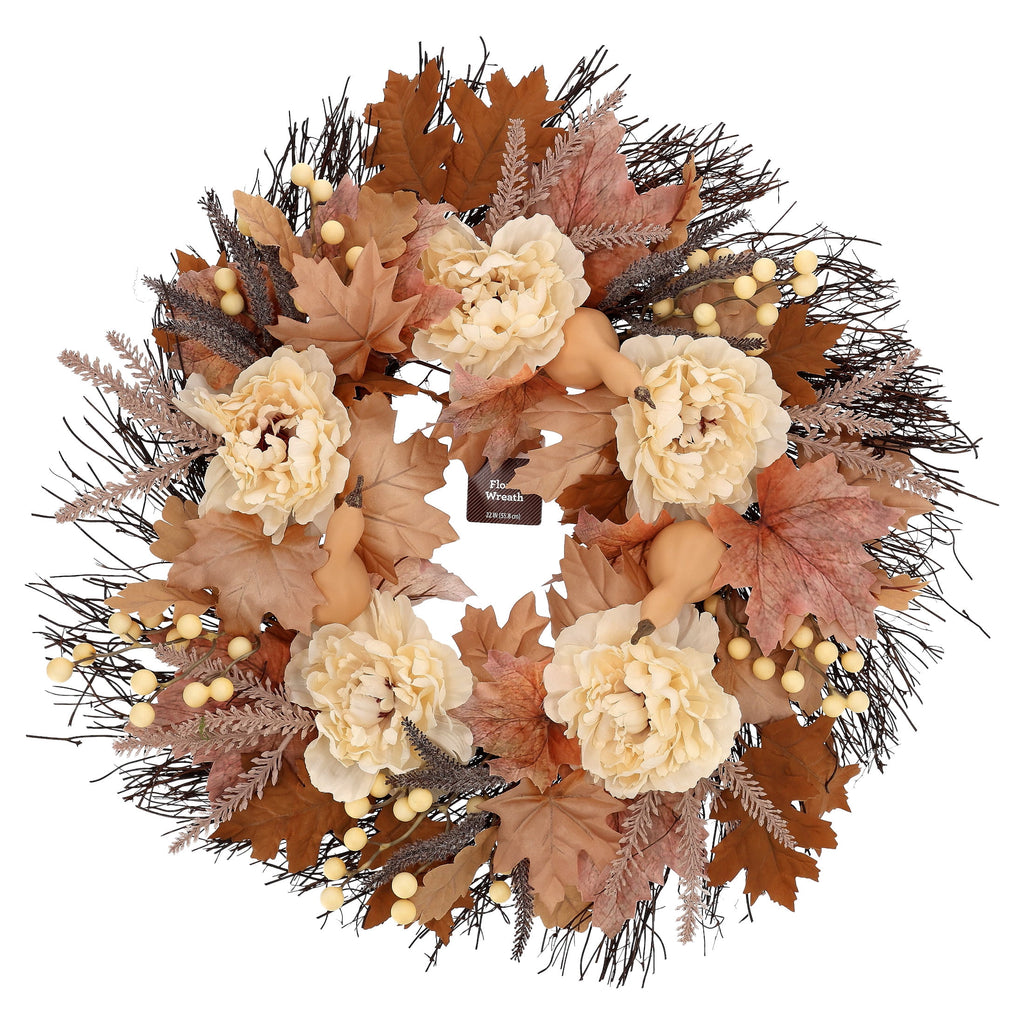 Maple Leaves and Peony Wreath, Cream and Brown, 22", Fall by Way To Celebrate