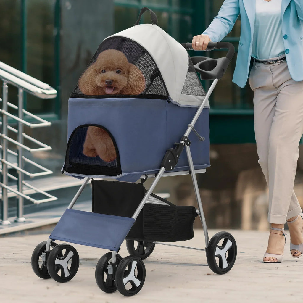 Magshion Foldable Pet Stroller, 4 Wheel, Navy Blue, 33 lbs Capacity