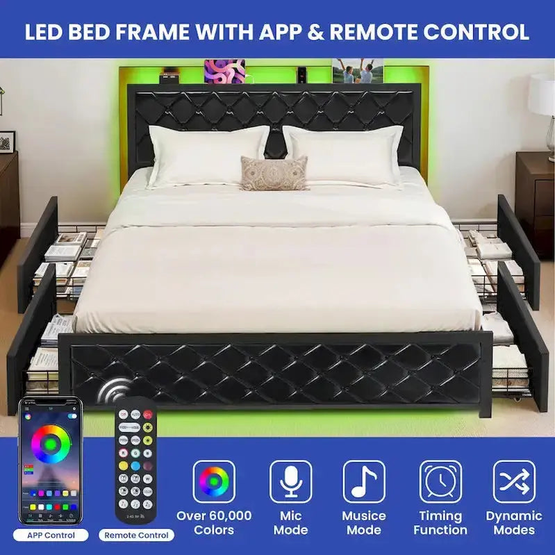 Moasis Queen Platform Bed Frame With PU Upholstery, LED Lighting And 4 Storage Drawers