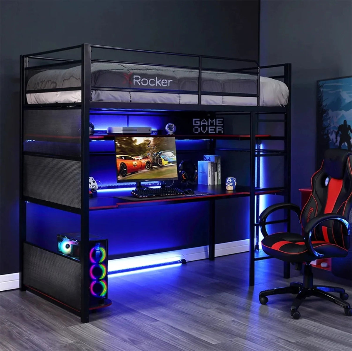 X Rocker Battle Bunk Gaming Bed With Desk, Metal, Twin, Black