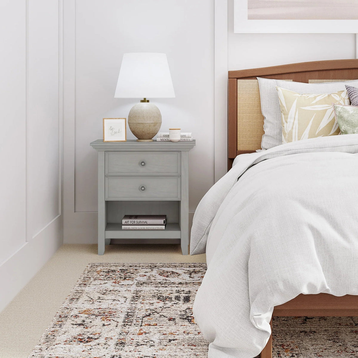 Solid Wood Nightstand With 2 Drawers And Open Shelf, 16 in D x 24 in W x 26 in H