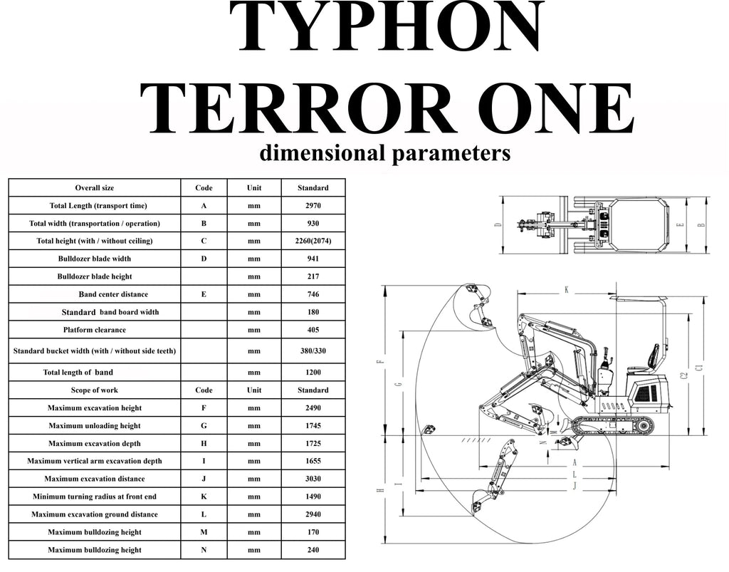 TYPHON 1-Ton Mini Excavator With Canopy, Hydraulic Thumb And 13.5hp Engine - TERROR ONE STORM