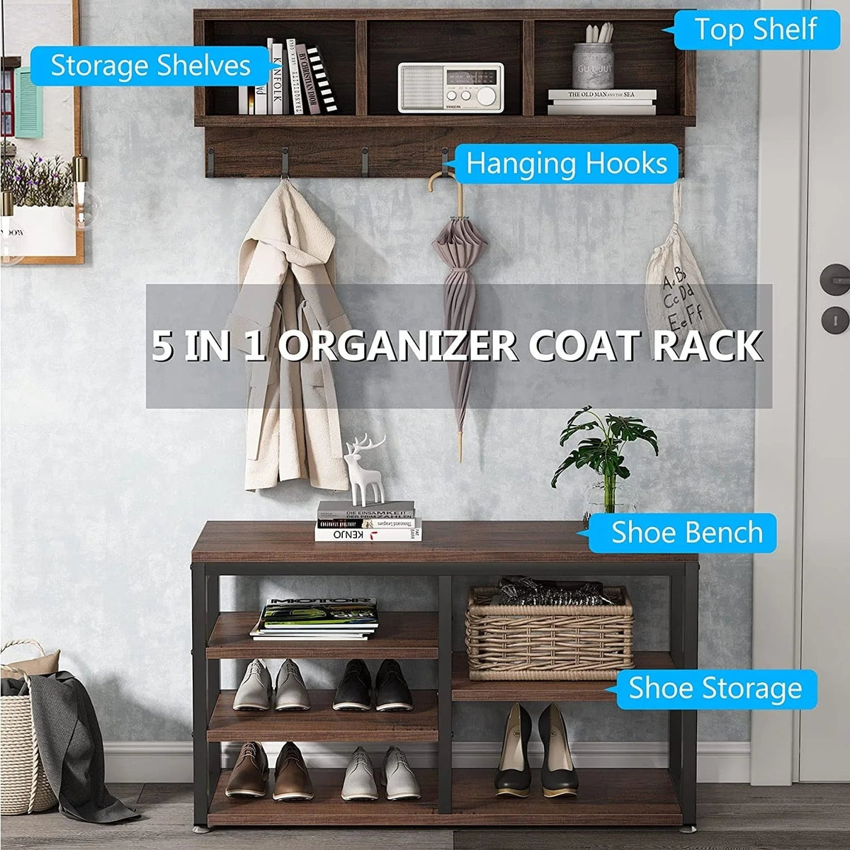 5-in-1 Entryway Hall Tree With Coat Rack, Shoe Bench, 7 Hooks, 3 Cubbies And 3-Tier Shoe Rack