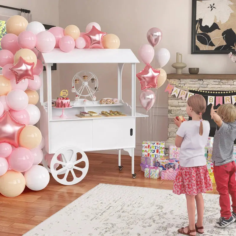 Wooden Candy Cart With Wheels, Pine Wood And MDF, Sliding-Door Cabinet