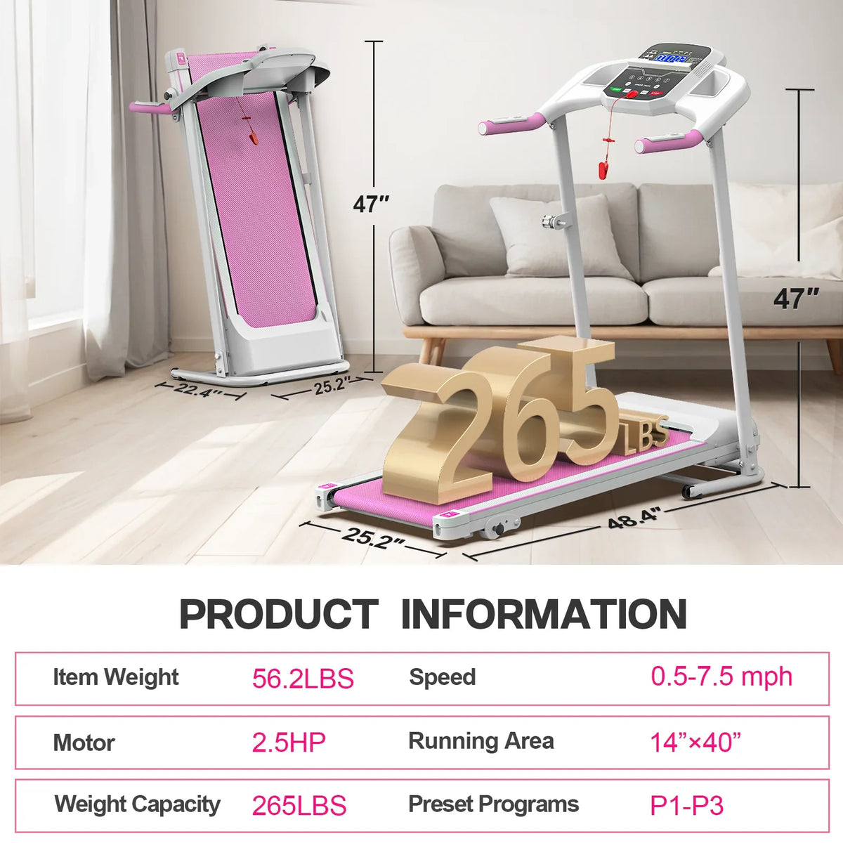 FYC Foldable Home Treadmill, 2.5 HP, 7.5 MPH, 40x14 in Running Belt