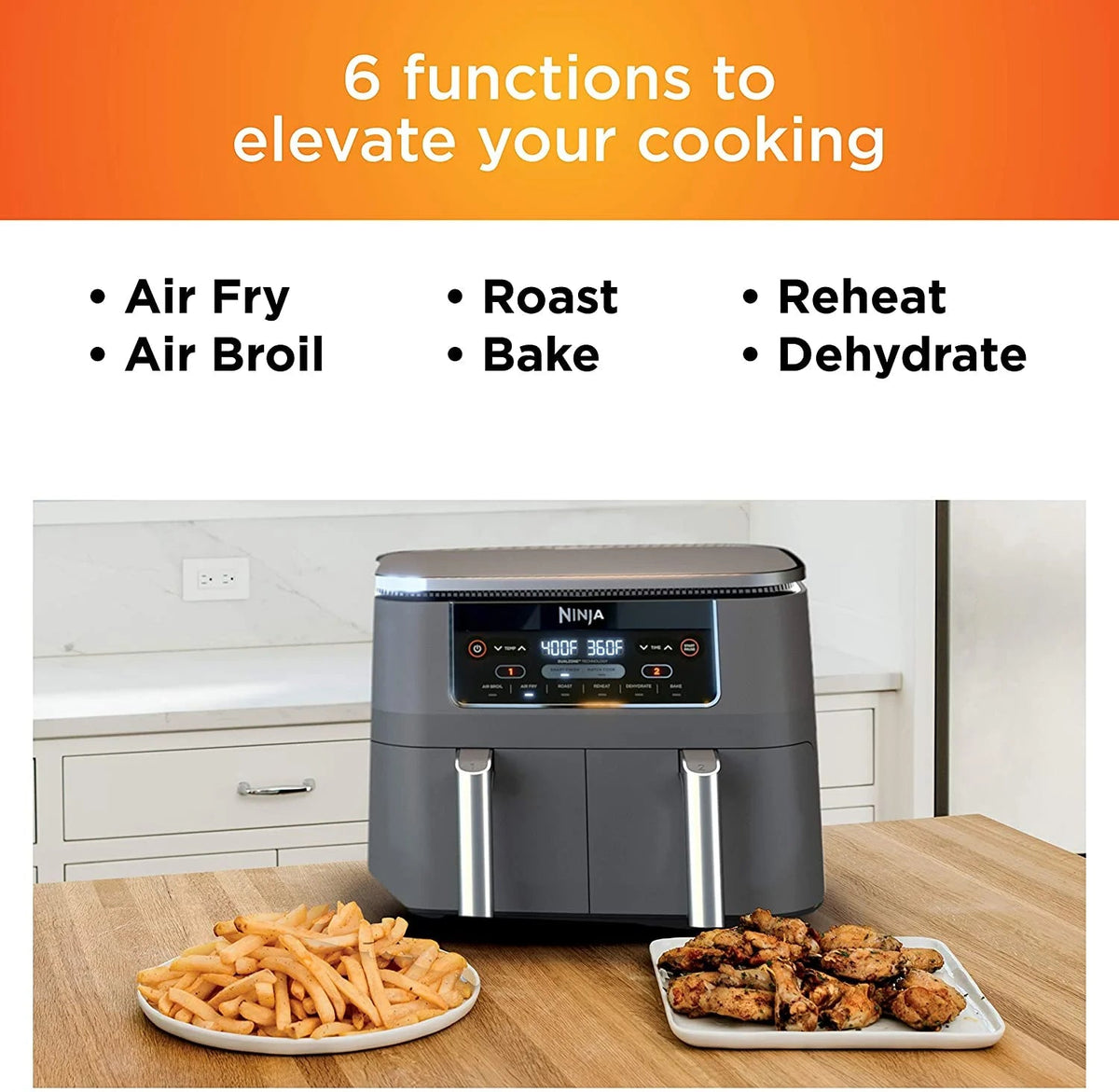 Ninja Foodi 6-in-1 2-Basket Air Fryer, 8-Quart, Dark Grey Stainless Finish - DZ201