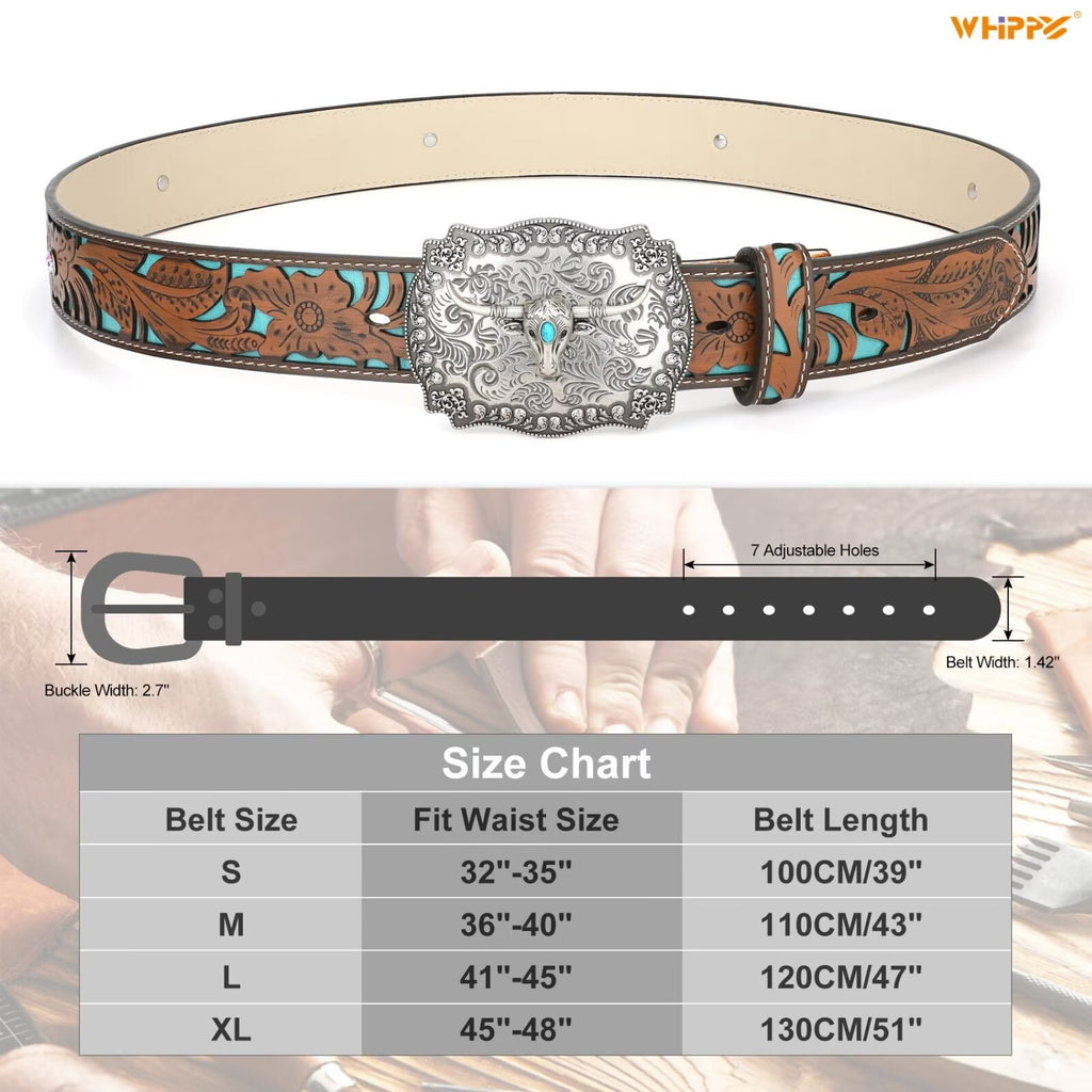 WHIPPY Western Genuine Leather Belt for Women Men Ladies Vintage Engraved Belt Cowboy Cowgirl Belt