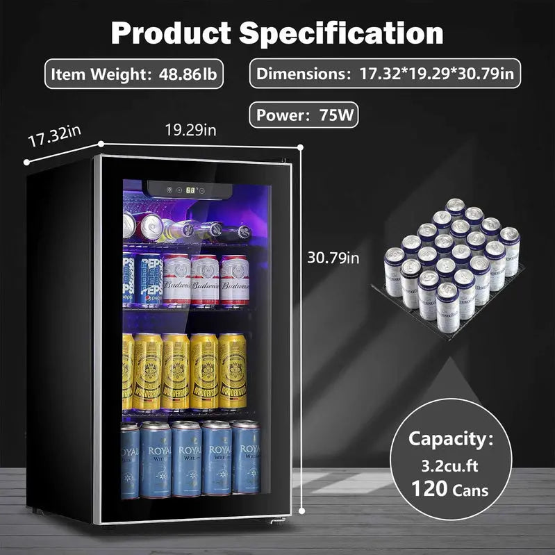 Auseo 126-Can Beverage Cooler, 3.2 Cu Ft, Glass Door, Black