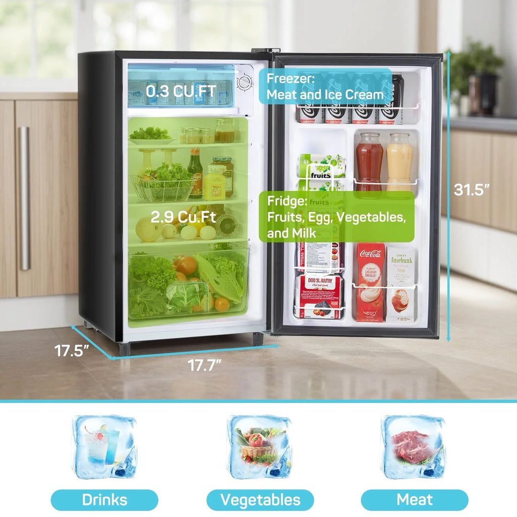 TINKLE WELL Mini Fridge With Freezer, 3.2 Cu Ft, Single Door, Silver