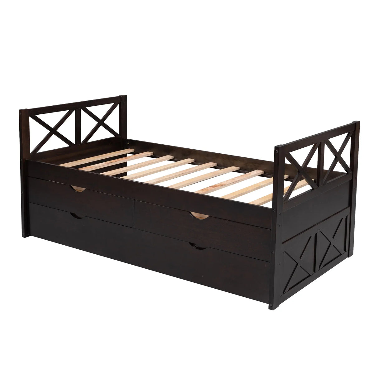 Captain Wood Twin Bed With Trundle And 3 Drawers, Brown, 78.9 in L x 42.7 in W x 36.2 in H