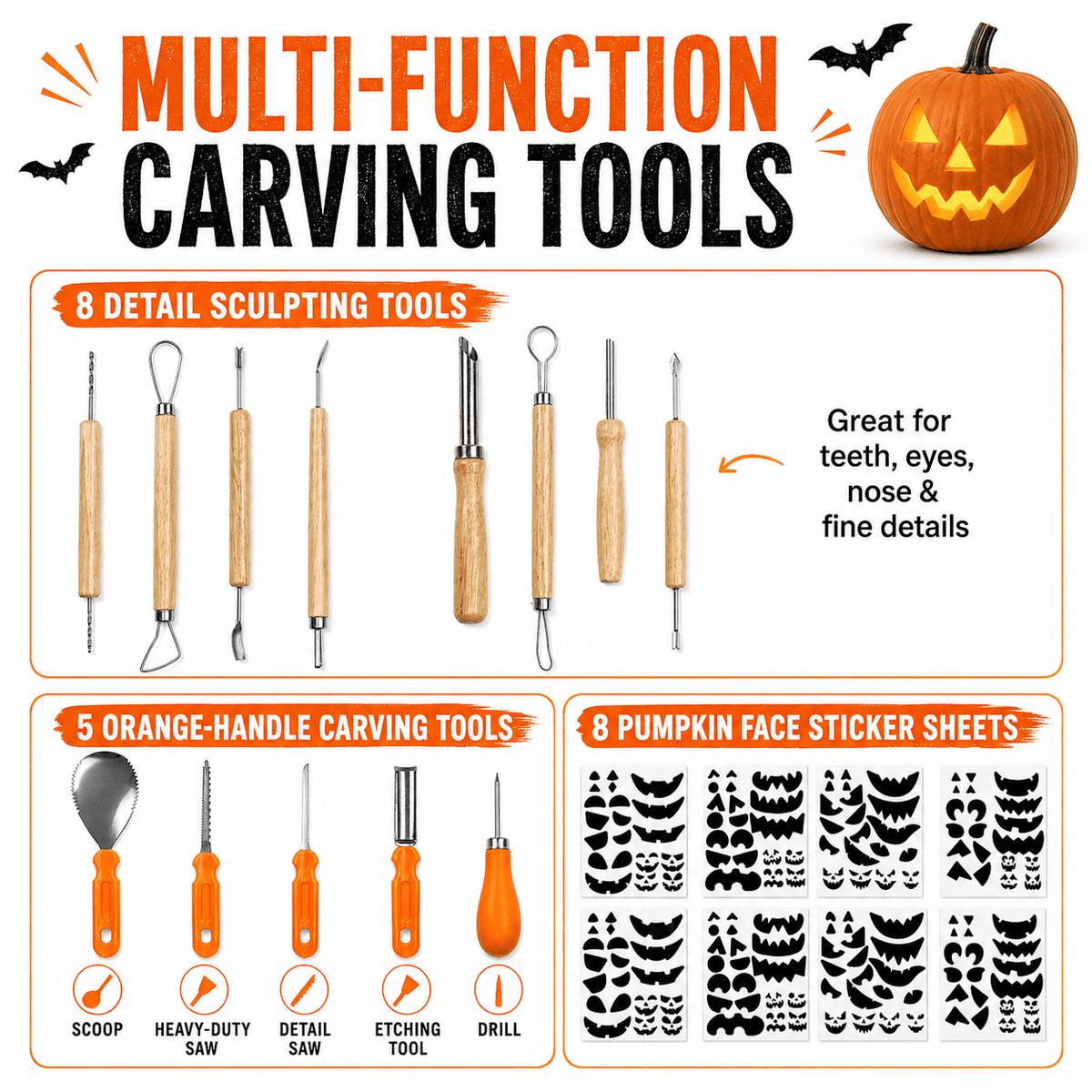 Halloween Pumpkin Carving Kit Pumpkin Carving Stickers Professional Detail Sculpting Tools Double-Side Sculpting Tool for Halloween Decoration
