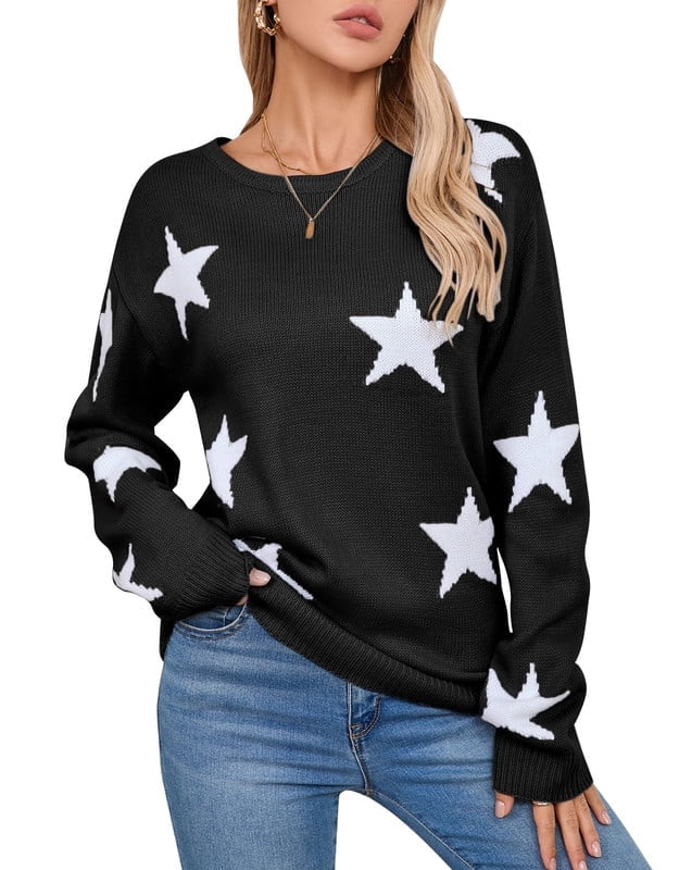 Crewneck Sweaters for Women Trendy Star Sweater Casual Pullover Sweaters Fall Lightweight Womens Sweaters Shermie