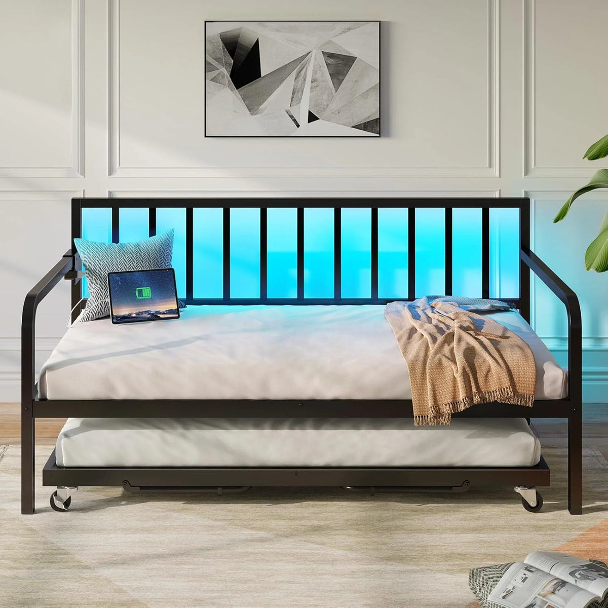 Metal Height-Adjustable Daybed With Pop-Up Trundle, LED Light And Charging Station - Black