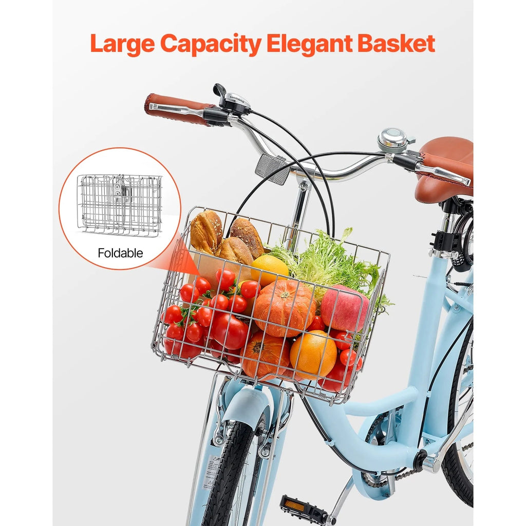 KFFKFF 26 in 7-Speed Cruiser Bike, Pale Blue With Front Basket And Rear Rack - SCB722-B
