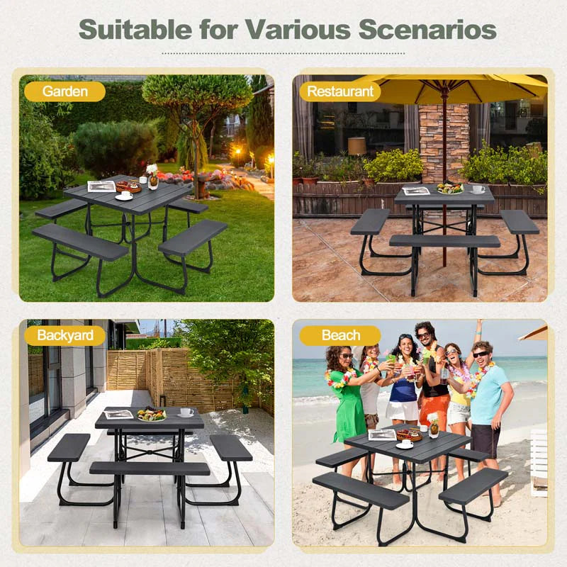 8-Person Outdoor HDPE Square Picnic Table And Bench Set, 67in x 67in x 30in, Metal Frame