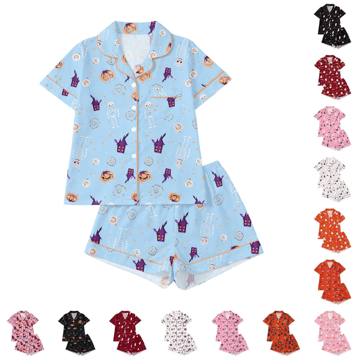 CUZIBR Girls Halloween Pajamas Sets Soft Comfortable Ghost Pumpkin Lapel Button Short Sleeve Shirt Elastic Waist Shorts 2 Pieces Sleep Loungewear Relaxed Sleepwear Outfits, Orange-C
