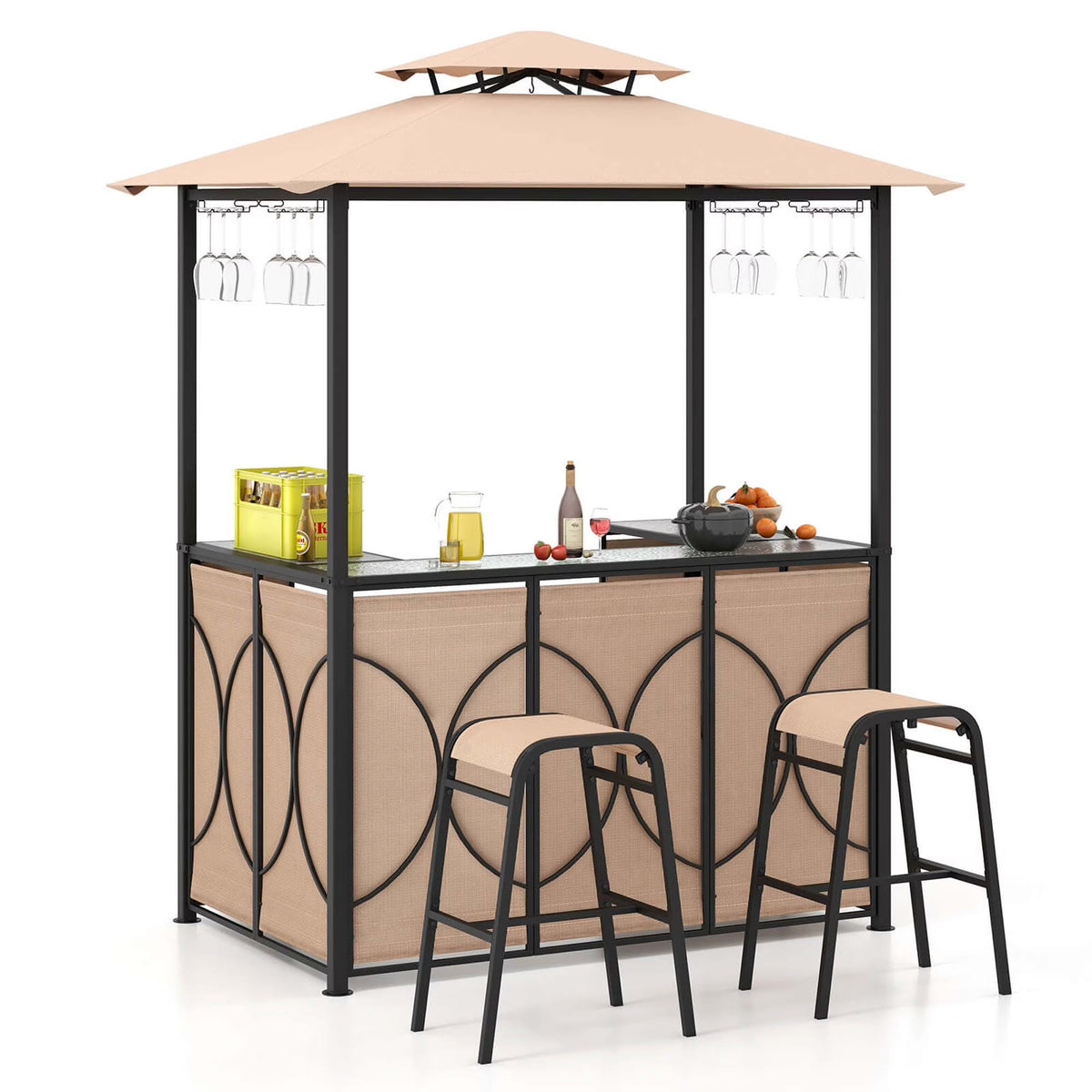 Costway 3-Piece Grill Gazebo Bar Set With 2 Bar Stools And Tempered Glass Top - Grey