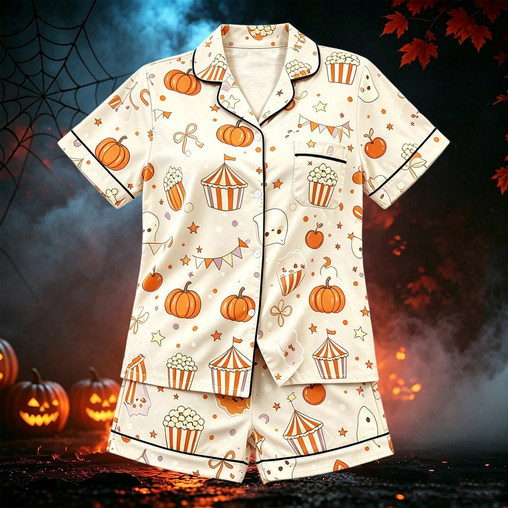 CUZIBR Girls Halloween Pajamas Sets Soft Comfortable Ghost Pumpkin Lapel Button Short Sleeve Shirt Elastic Waist Shorts 2 Pieces Sleep Loungewear Relaxed Sleepwear Outfits, Orange-C