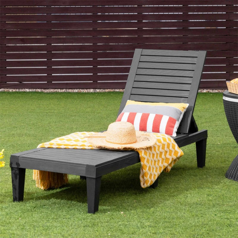 Outdoor Patio Chaise Lounge Chair Recliner - Adjustable 5 Positions, Wood Texture Design