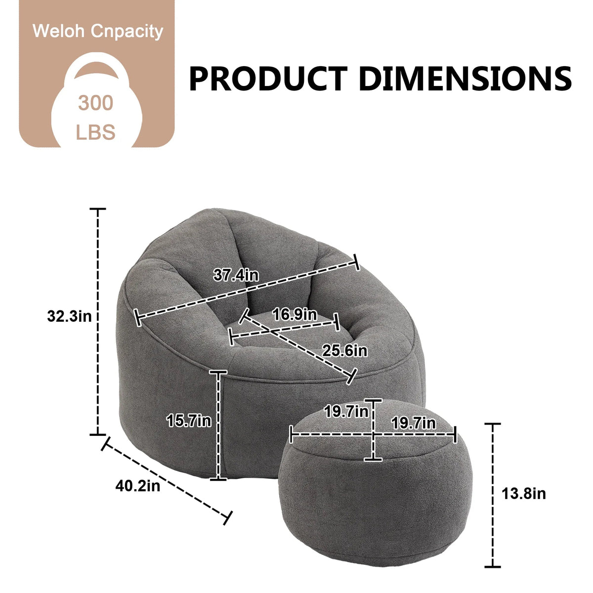 MOONMISS Microfiber Upholstered Round Bean Bag Sofa Chair With Ottoman - Gray