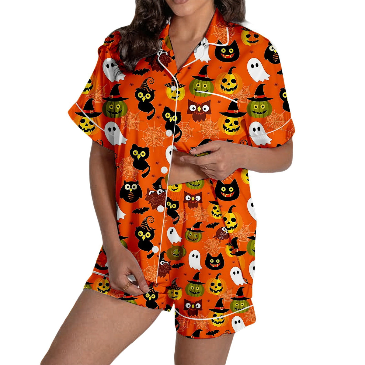 MEZZALL Women Halloween Printed Pajama With Lapel Collar Short Sleeve Tops And Shorts For Home Wear Cozy For Lightweight And Breathable Comfort Relaxed Fit 2 Piece Pjs