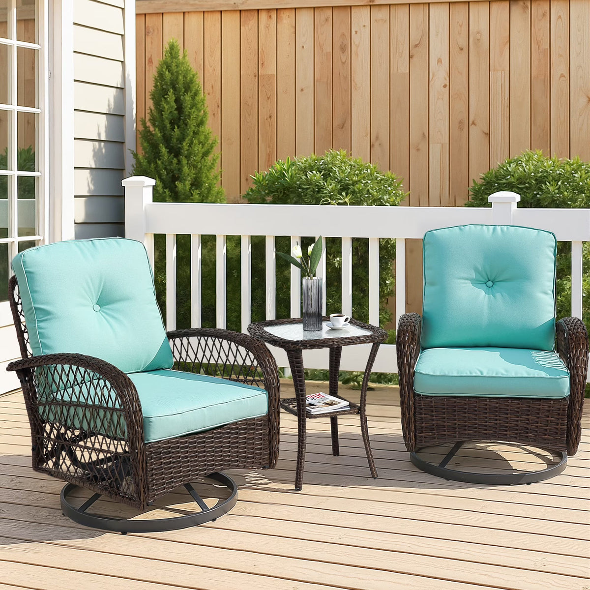 3-Piece Patio Swivel Rocking Chair Set With Glass Top Table - 2 Chairs