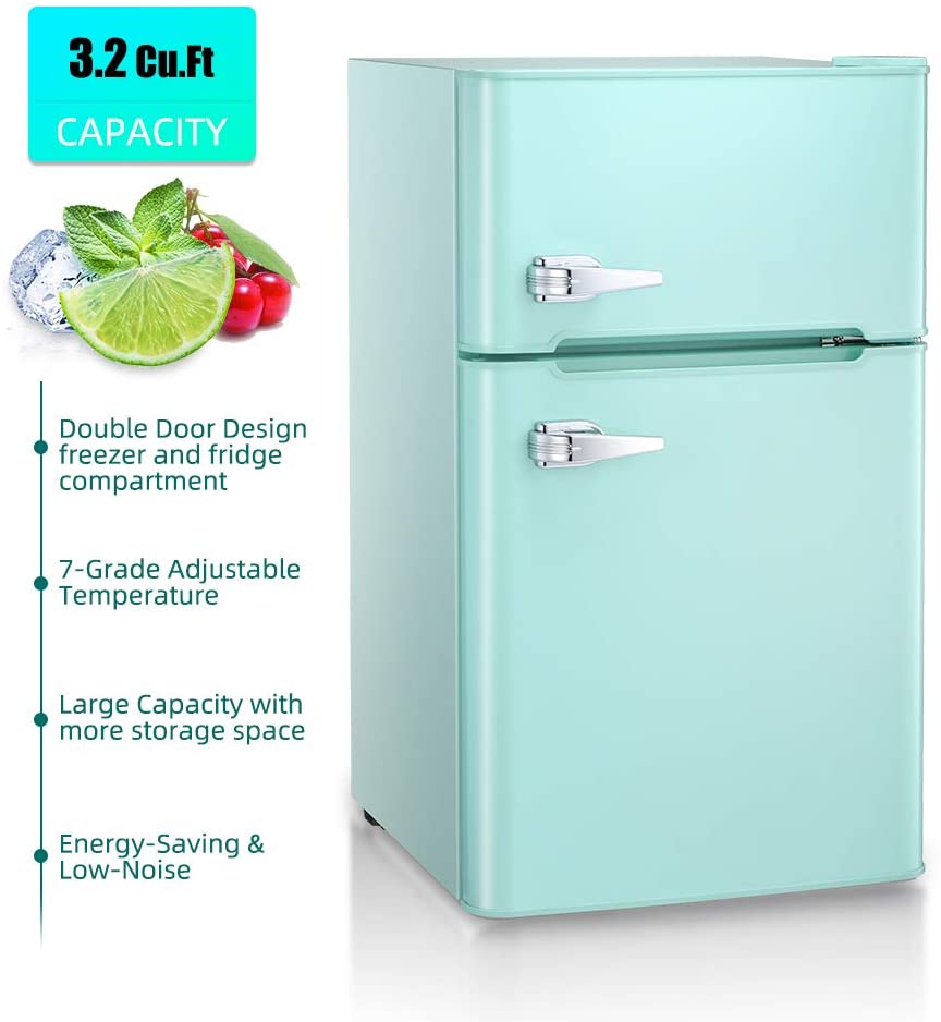 3.2 Cu.ft Compact Double Door Refrigerator With Freezer, 19 inch x 33.5 inch x 20 inch, Green
