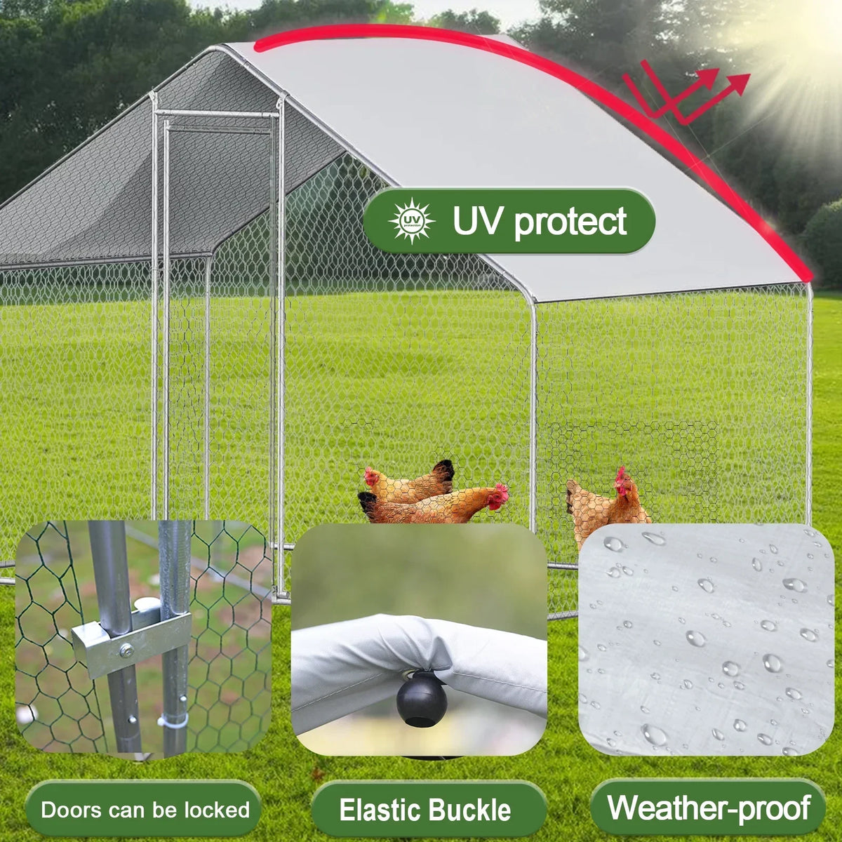Caulitar Metal Chicken House/Pen 10ft x 10ft With Waterproof Cover - For 6/10 Chickens