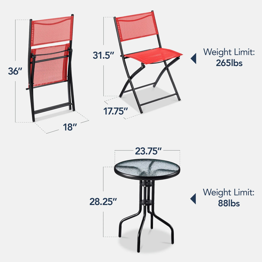 Best Choice Products 3-Piece Patio Bistro Dining Set With Glass Tabletop And Folding Chairs - Gray