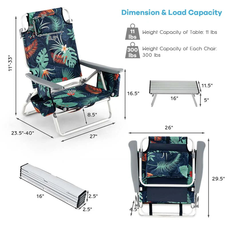 2-Pack 5-Position Outdoor Folding Backpack Beach Chairs With Side Table Set