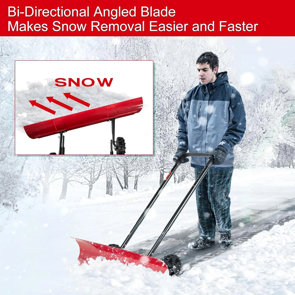 Brewin SnowPro 38 Inch Bi-Directional Wheeled Snow Pusher, Red - H955N