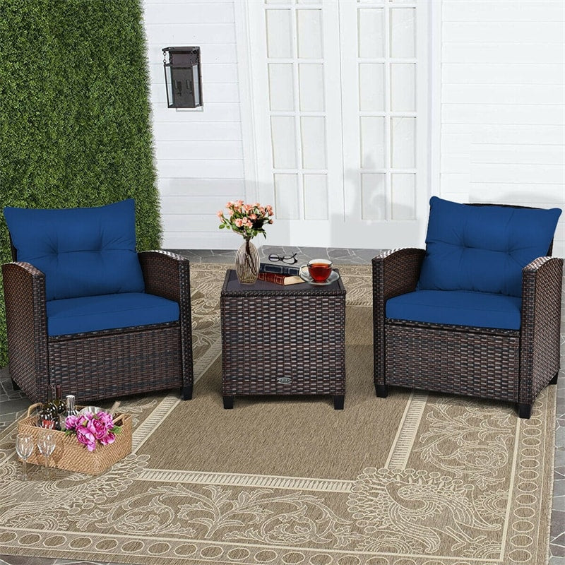 3-Piece Rattan Patio Conversation Set With Cushions And Coffee Table