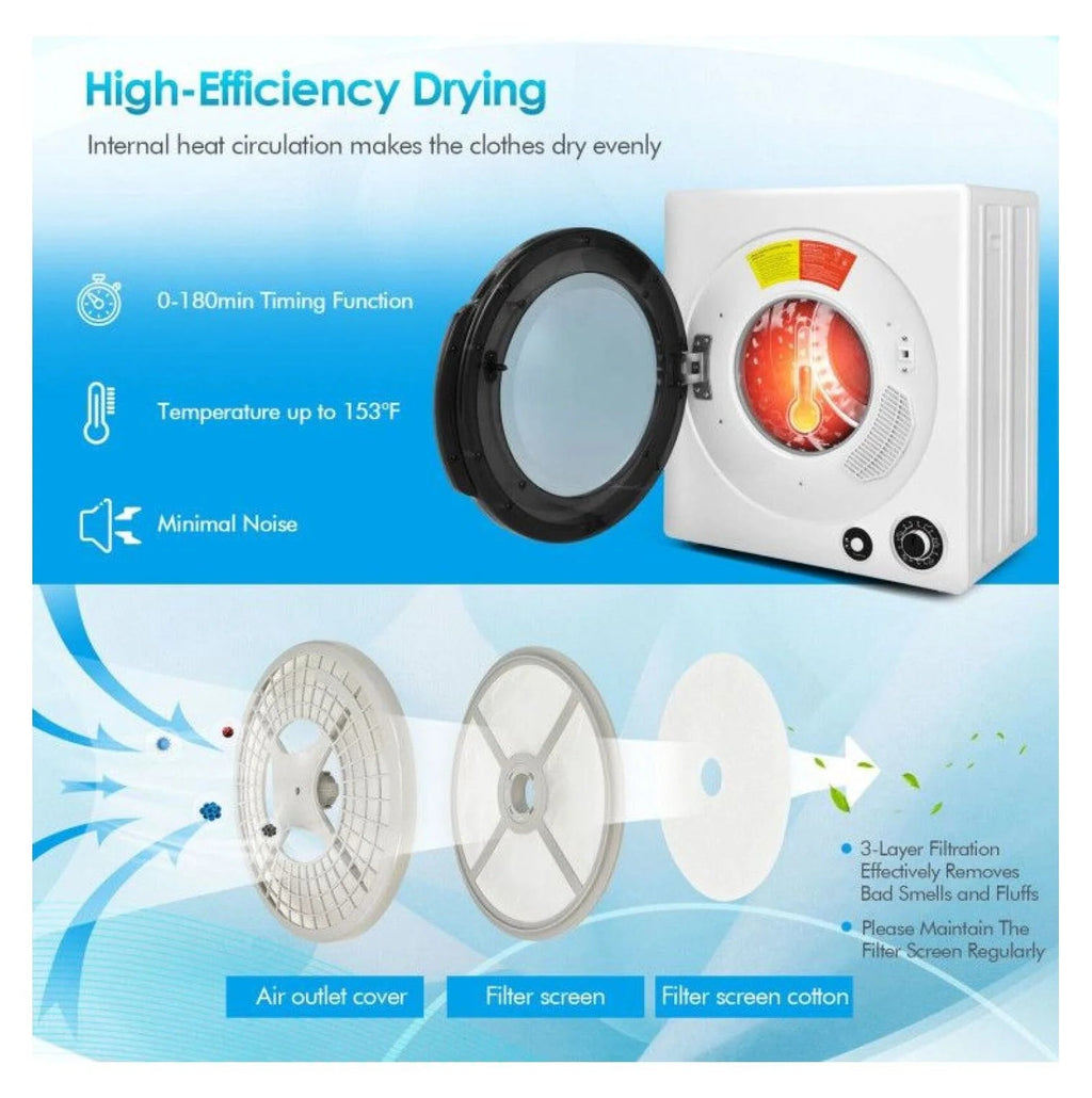 Compact Electric Tumble Dryer, 13.2lbs, White, Stainless Steel Tub, 4 Drying Modes, 2 Heat Settings