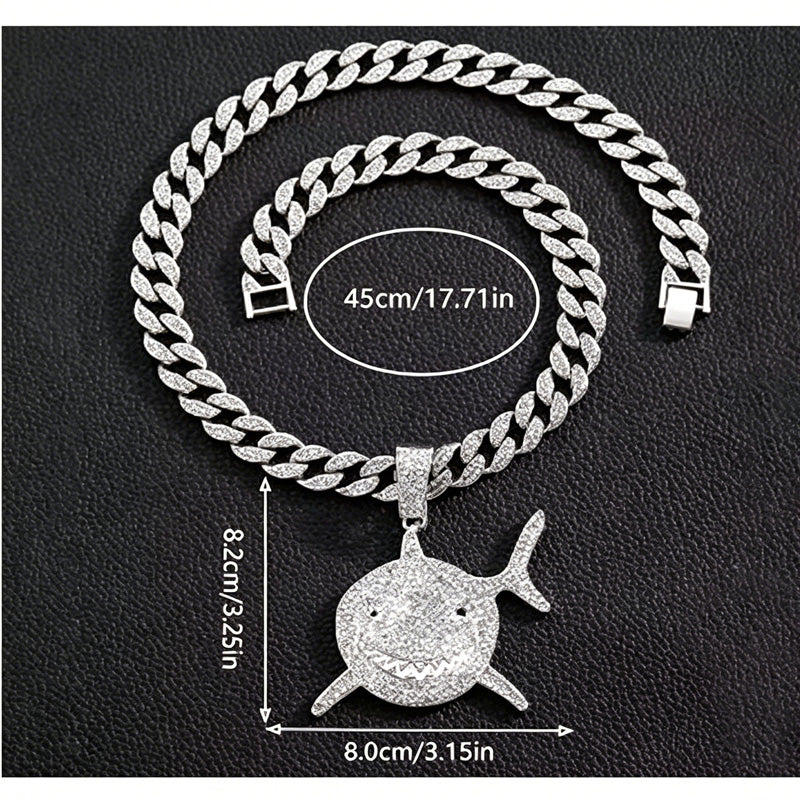 Shark Pendant Necklace With 20in Cuban Link Chain, 13mm Width