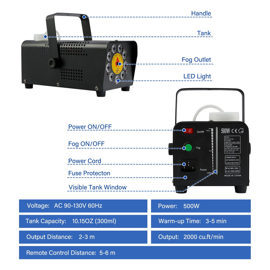 TCFUNDY 500W Fog Machine w/ LED RGB 9IN1 Fogger Smoke Maker with Wireless Remote Controller