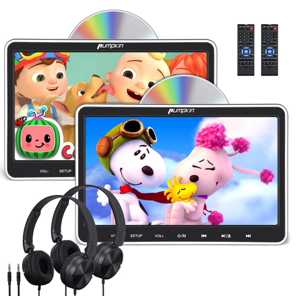 Pumpkin 10.1in Dual Headrest Car DVD Players With Headphones, 2 Mount Brackets, HDMI Input, Region Free And Last Memory