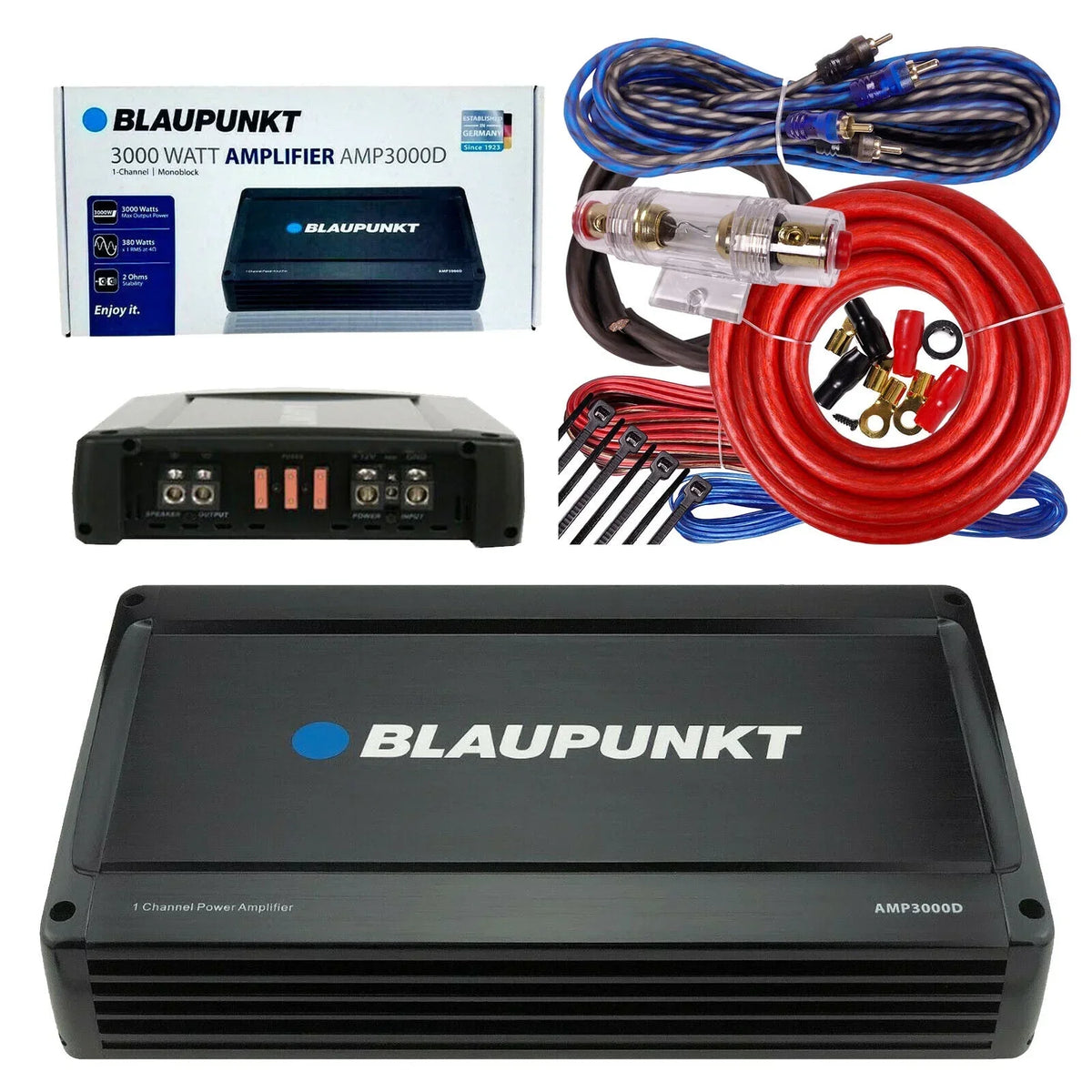 Blaupunkt Monoblock Class D Car Audio Amplifier With 4 Ga Amp Kit - AMP3000D