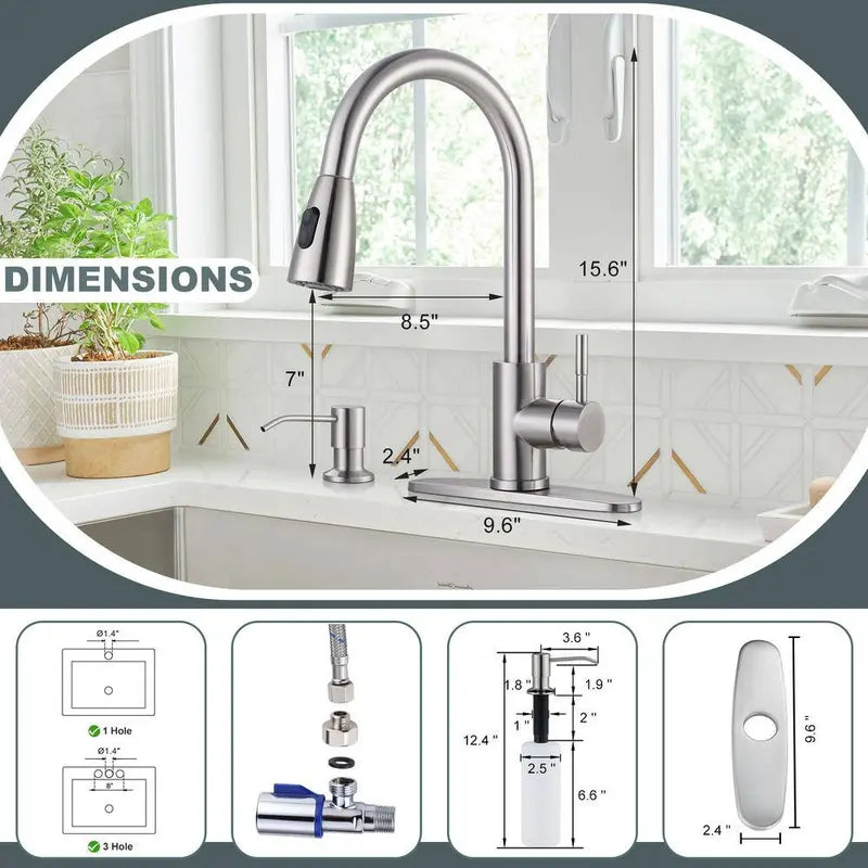 IVIGA Single-Handle Pull-Out Sprayer Kitchen Faucet With Deckplate And Soap Dispenser, Brushed Nickel - VSK03-S