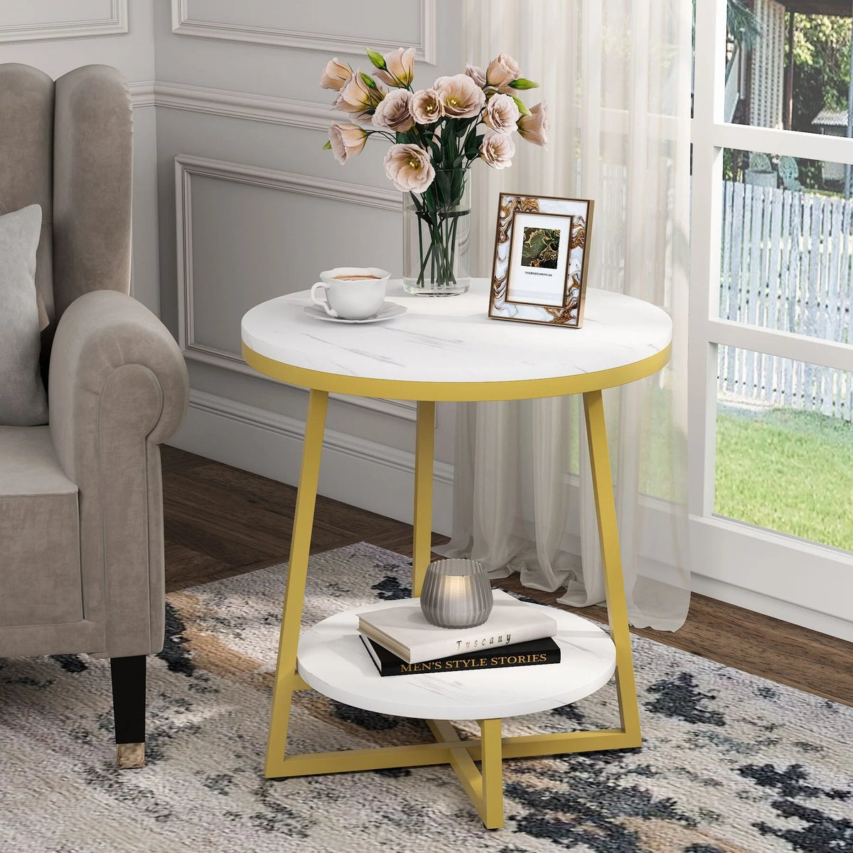 Industrial Round End Table With 2-Tier Storage